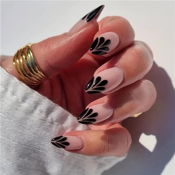 24-Piece Almond-Shaped French Press On Nails with Black Petal Drop Design - Picture 7 of 7